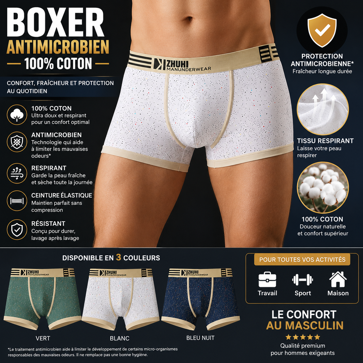 🩳 BOXER HOMME PREMIUM 100% COTON – ANTI-MICROBIEN 3 A 14900