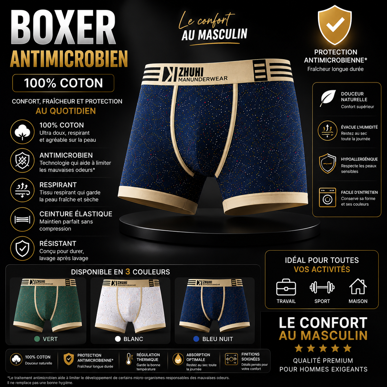 🩳 BOXER HOMME PREMIUM 100% COTON – ANTI-MICROBIEN 3 A 14900