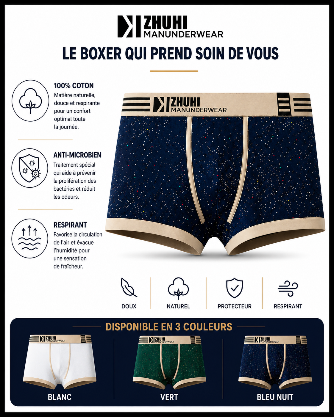 🩳 BOXER HOMME PREMIUM 100% COTON – ANTI-MICROBIEN 3 A 14900